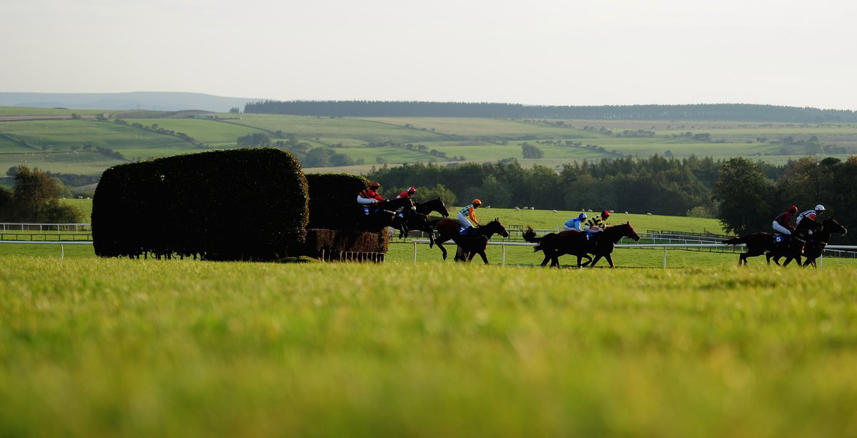 horses jumping over a fence at hexham races